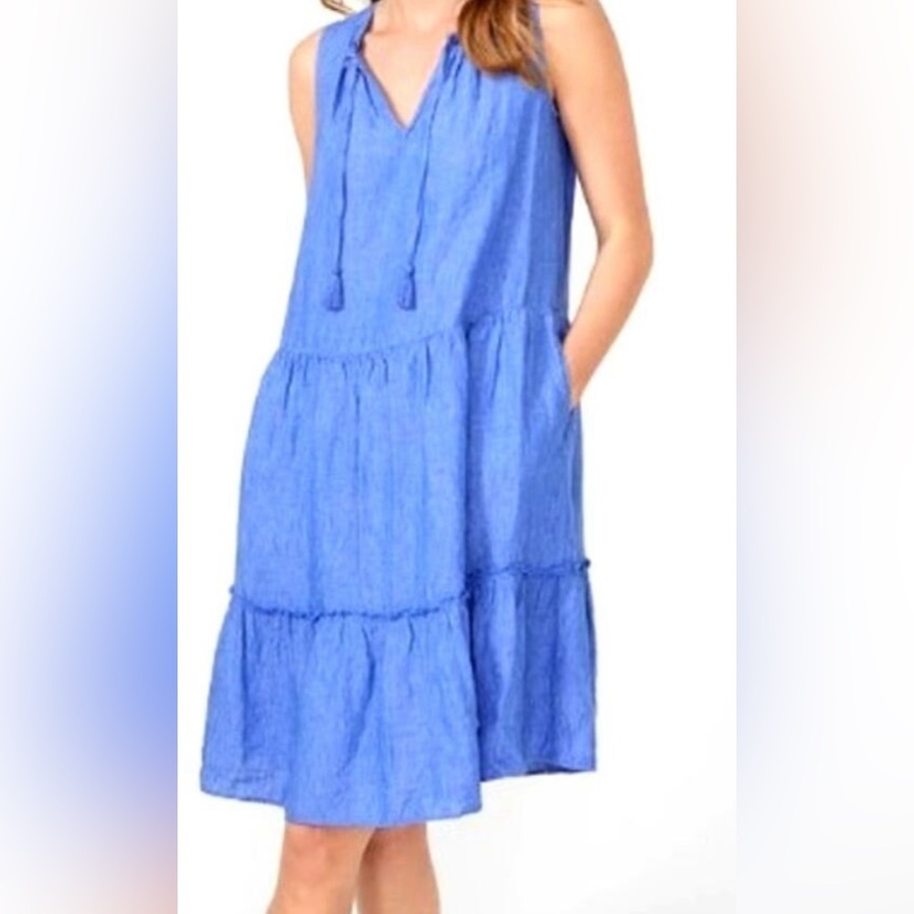 J MCLAUGHLIN Christa Blue Linen Tiered Sleeveless Dress with pockets Size XS